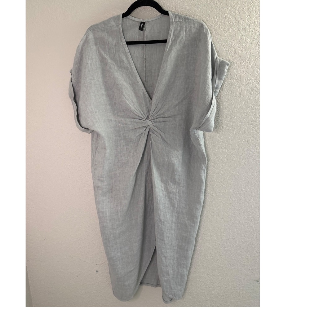 Ventig Italy Light Gray 100% Linen Dress M Twist Knot Front V-Neck Midi Light